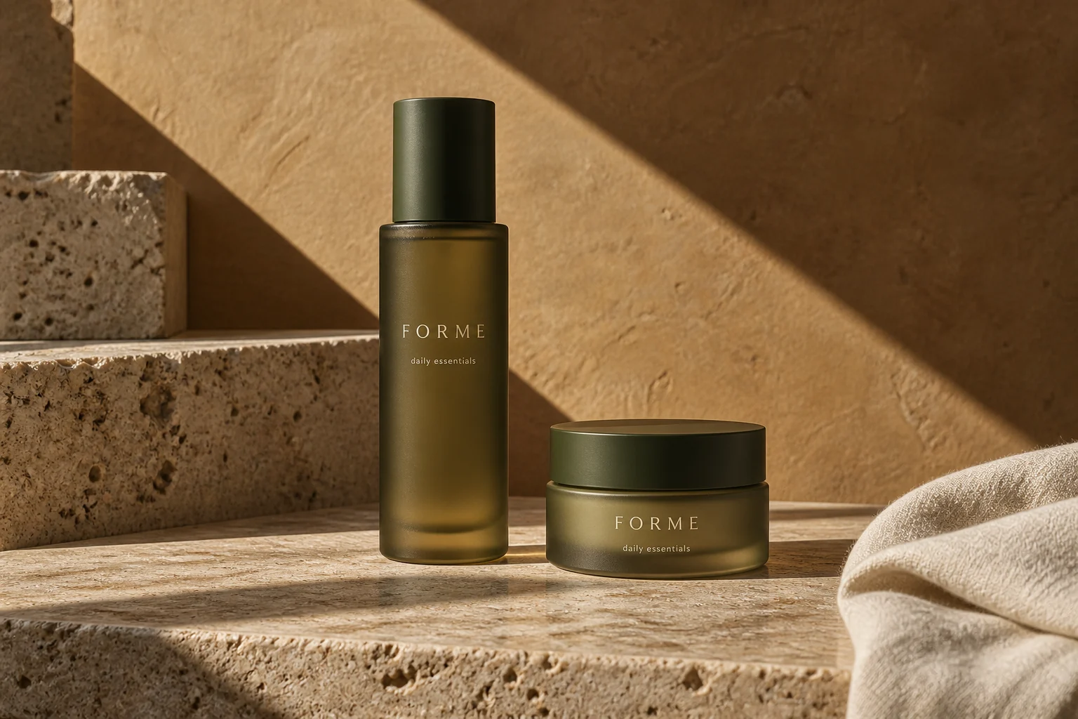 Olive glass skincare packaging on stone