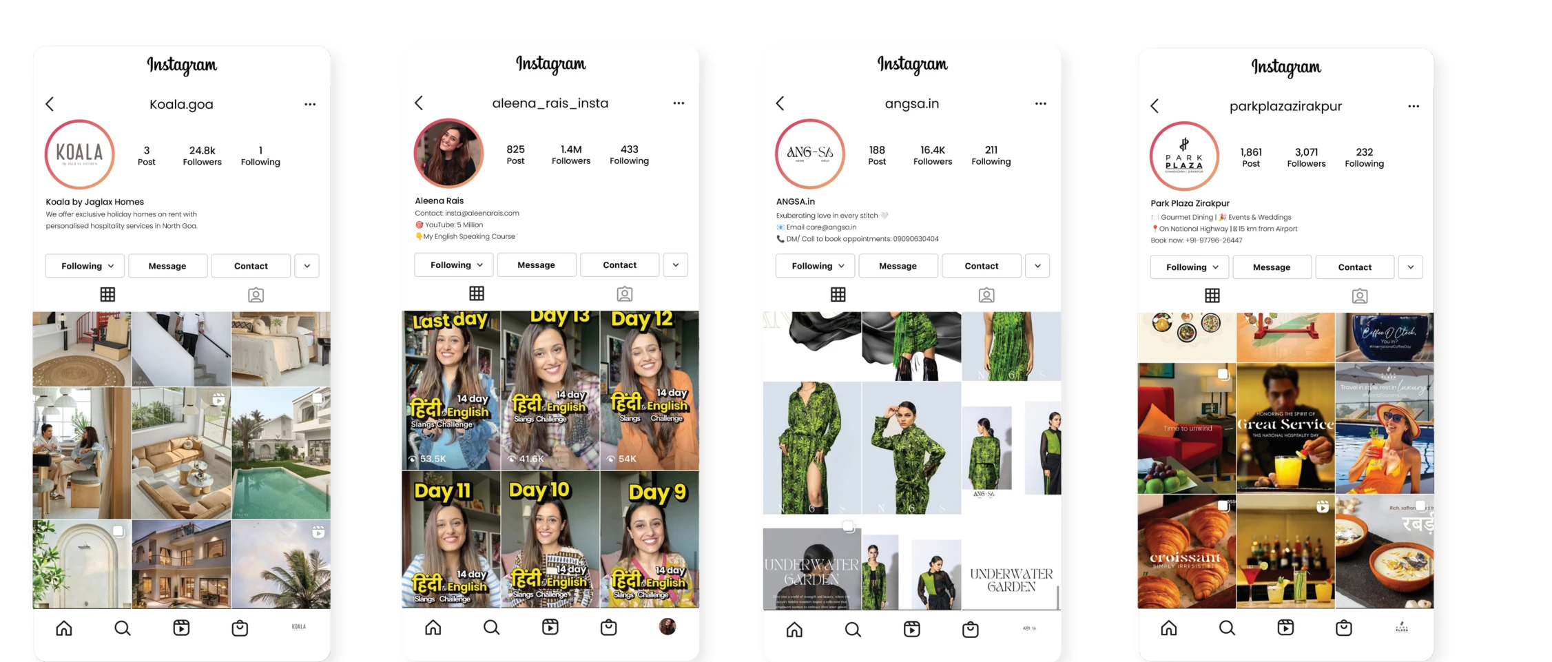 Four social media account examples from the portfolio